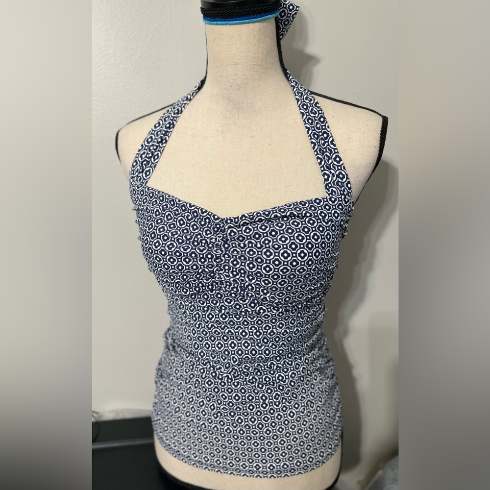 Helen Jon Halter Tankini Bikini Top Womens S Navy Blue White Swimsuit